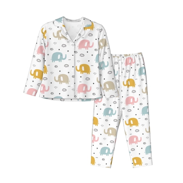 Fotbe Little Elephant Conjunto de Pijama de Manga Larga para Mujer con Estampado, Ropa de Dormir de 2 Piezas, Conjunto de Casa Suave y Cómodo con Bolsillos-Medium