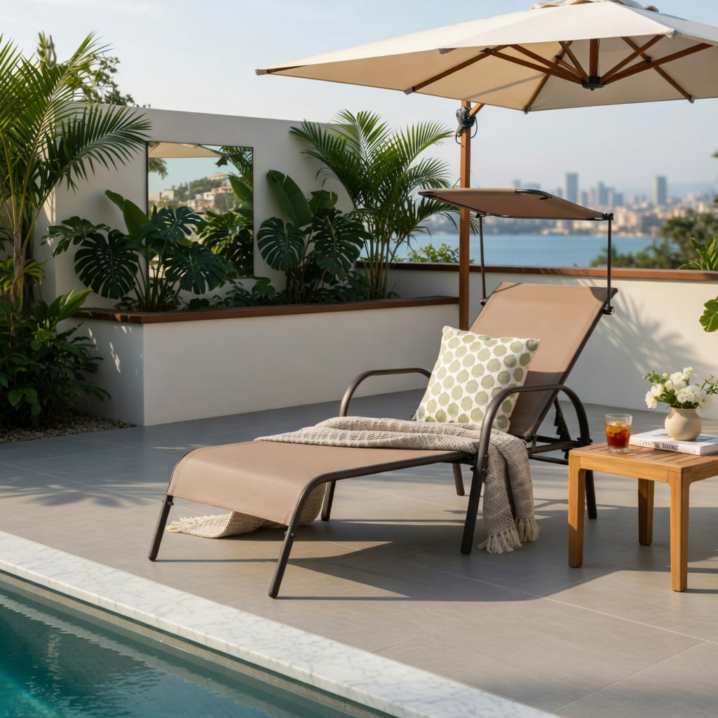 Hommoo Heavy-Duty 5-Position Adjustable Chaise Lounge Chair for Patio, Backyard & Poolside, Fabric & Metal Recliner with Sunshade Canopy & Hidden Cup Holder, Brown