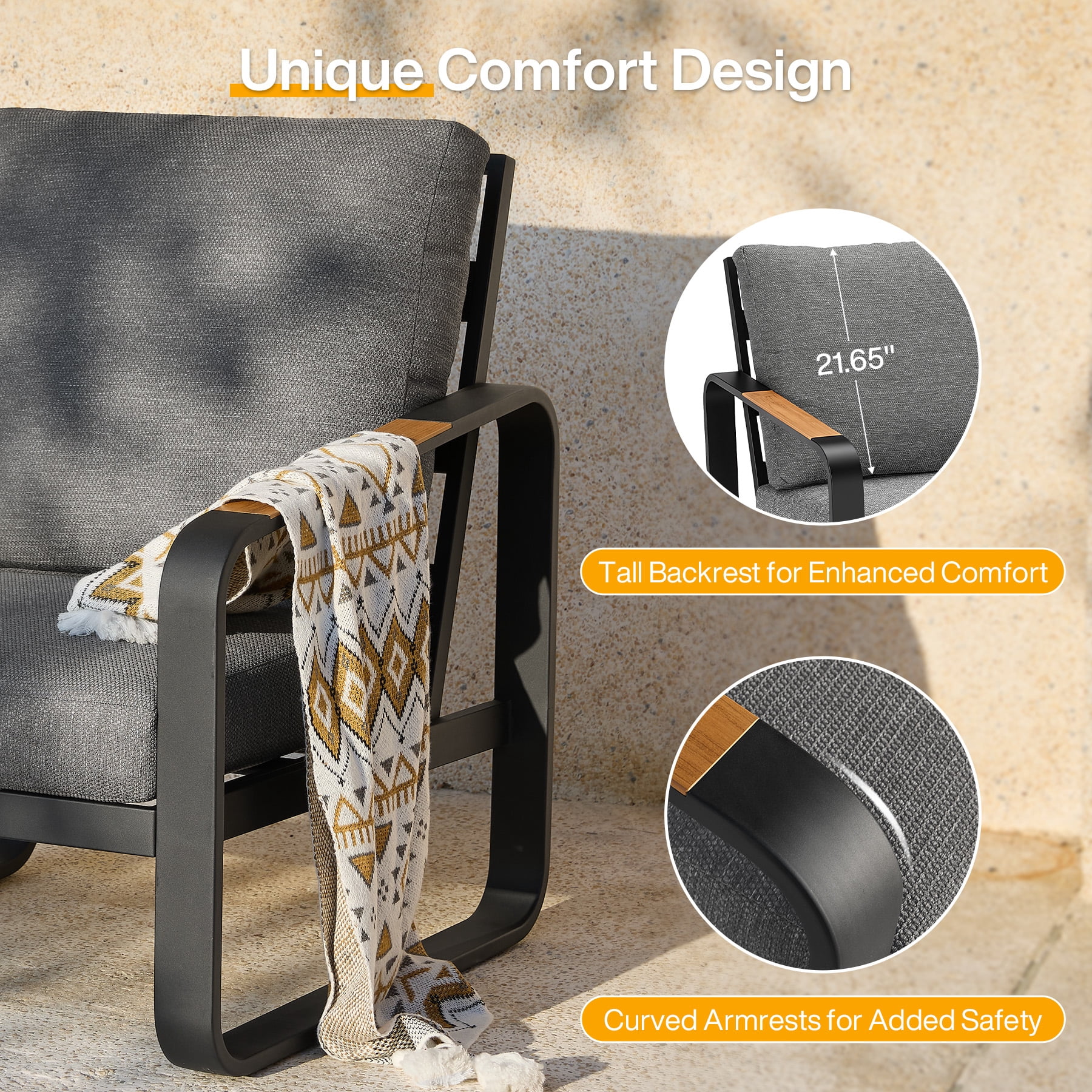 Fnova 3-Person Outdoor Sofa, Heavy Duty Metal Patio Couch with Thick Cushions, Weather-Resistant Outdoor Seating Furniture for Patio, Backyard, Porch and Garden