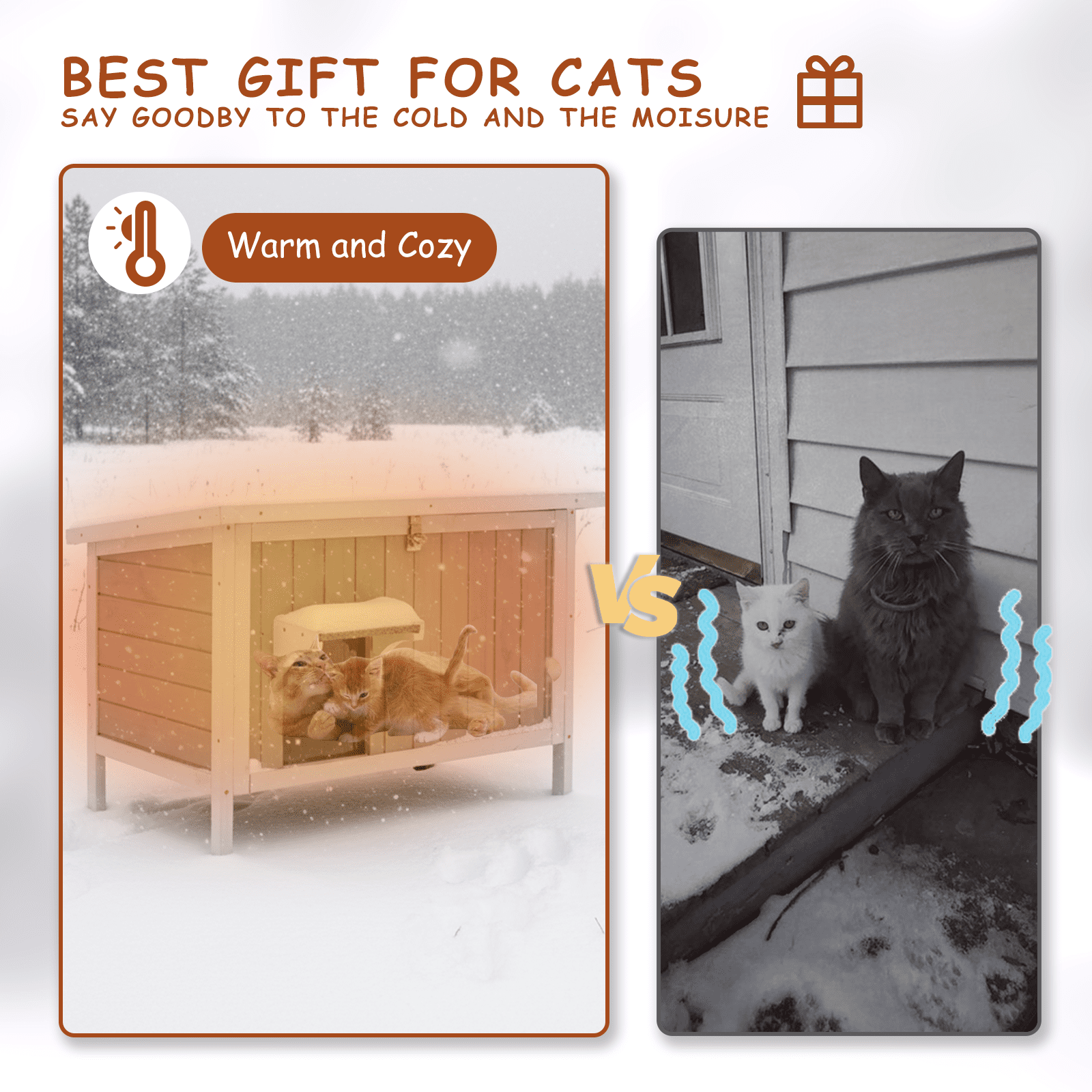 Gowoodhut Cat House Insulated Wooden Cat Shelter for Outdoor with Escape Door, Gray