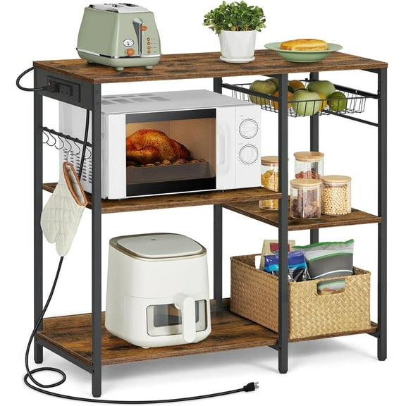 Baker's Rack, Coffee Bar Stand with Charging Station, Storage Shelves, Pull-Out Wire Basket, Table for Microwave, Kitchen, Rustic Brown UKKS036K01, 15.7 x 35.4 x 35.6 Inches