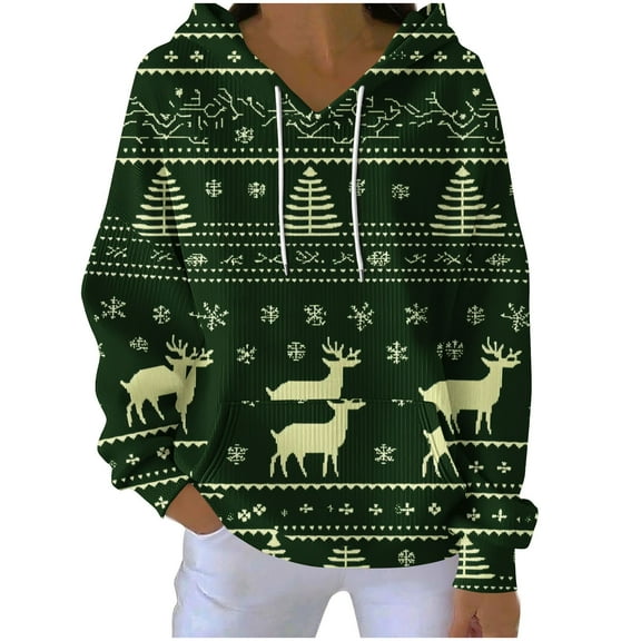 Lorytime Christmas Oversized Hoodies for Women Reindeer Print Sweatshirt Long Sleeve Pullover with Pocket Tops for Holiday