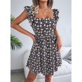 thumbnail image 6 of Women Floral Mini Dress Square Neck Ruffle Shoulder Back Tie A Line Sundress Black S, 6 of 7