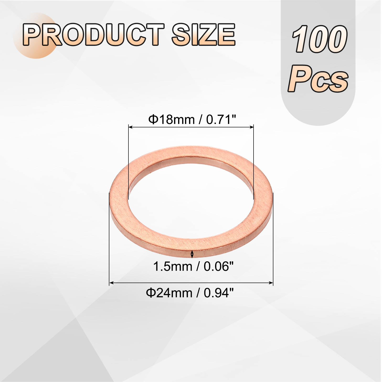 100 Pack M18 Flat Washer Copper Washer Sealing Rings, 18mm ID 24mm OD 1.5mm Thick