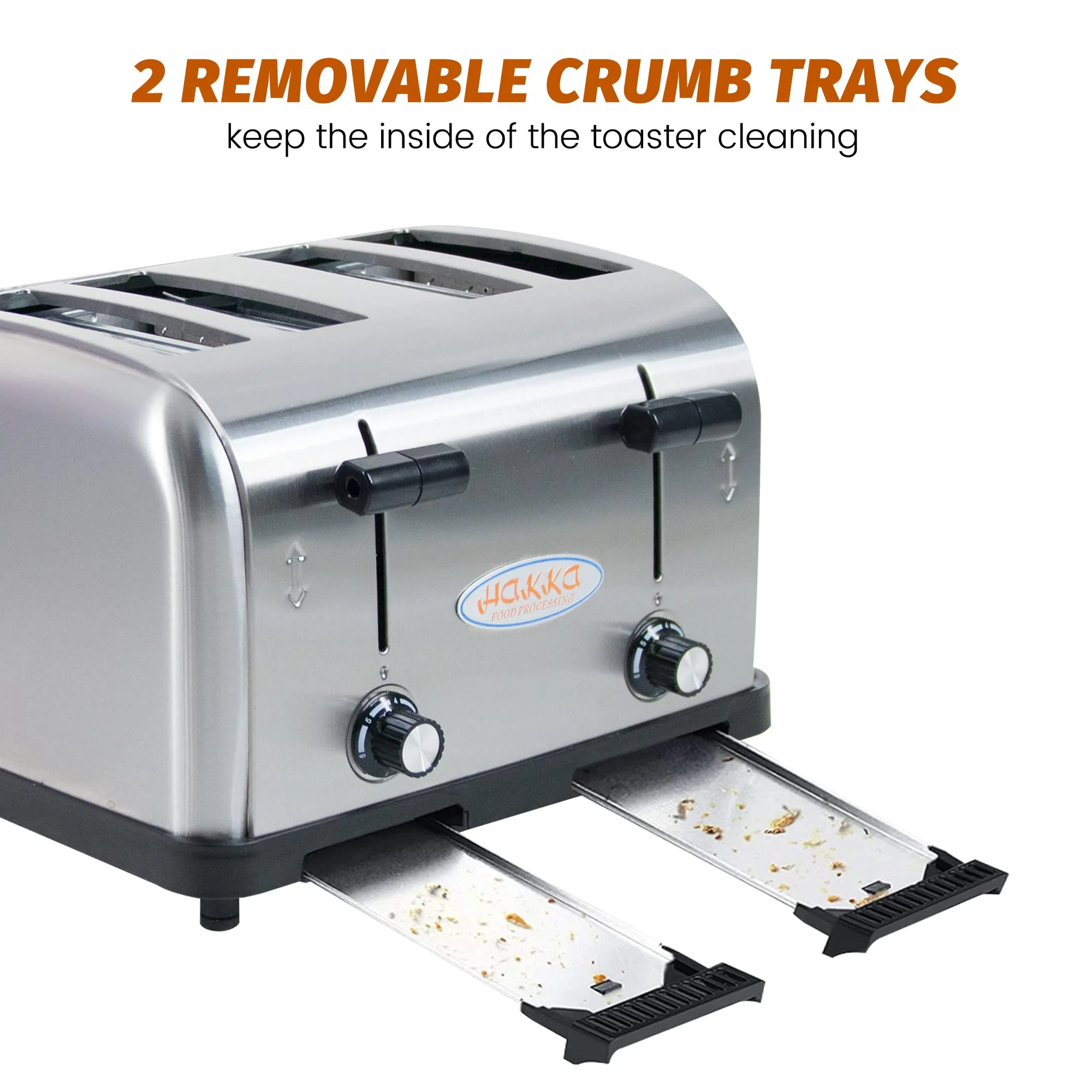 Hakka 4-Slice Commercial Toaster 1800W Stainless Steel with 1.5-Inch Wide Slots and 2 Crumb Trays