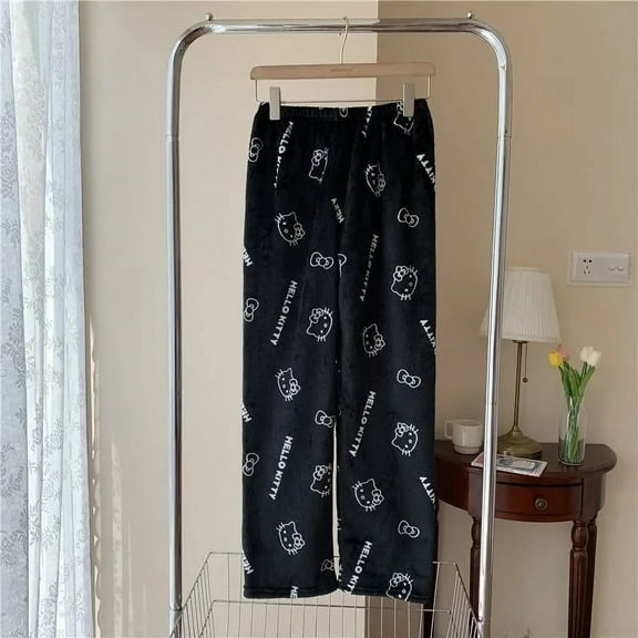 Anime Sanrio Hello Kitty Pajamas Black Flannel Women Kawaii Woolen White Cartoon Casual Home Pants Autumn Fashion Trousers