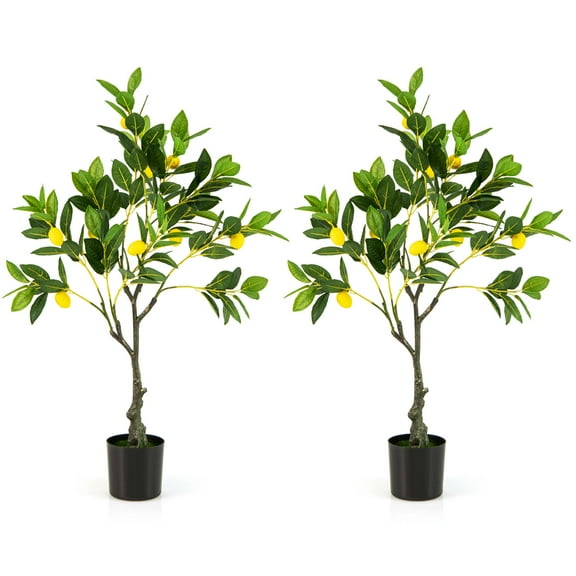 Costway 2 PCS 2.6 FT Tall Artificial Lemon Tree with Lemon Fruits, Cement Pot for Porch, Office