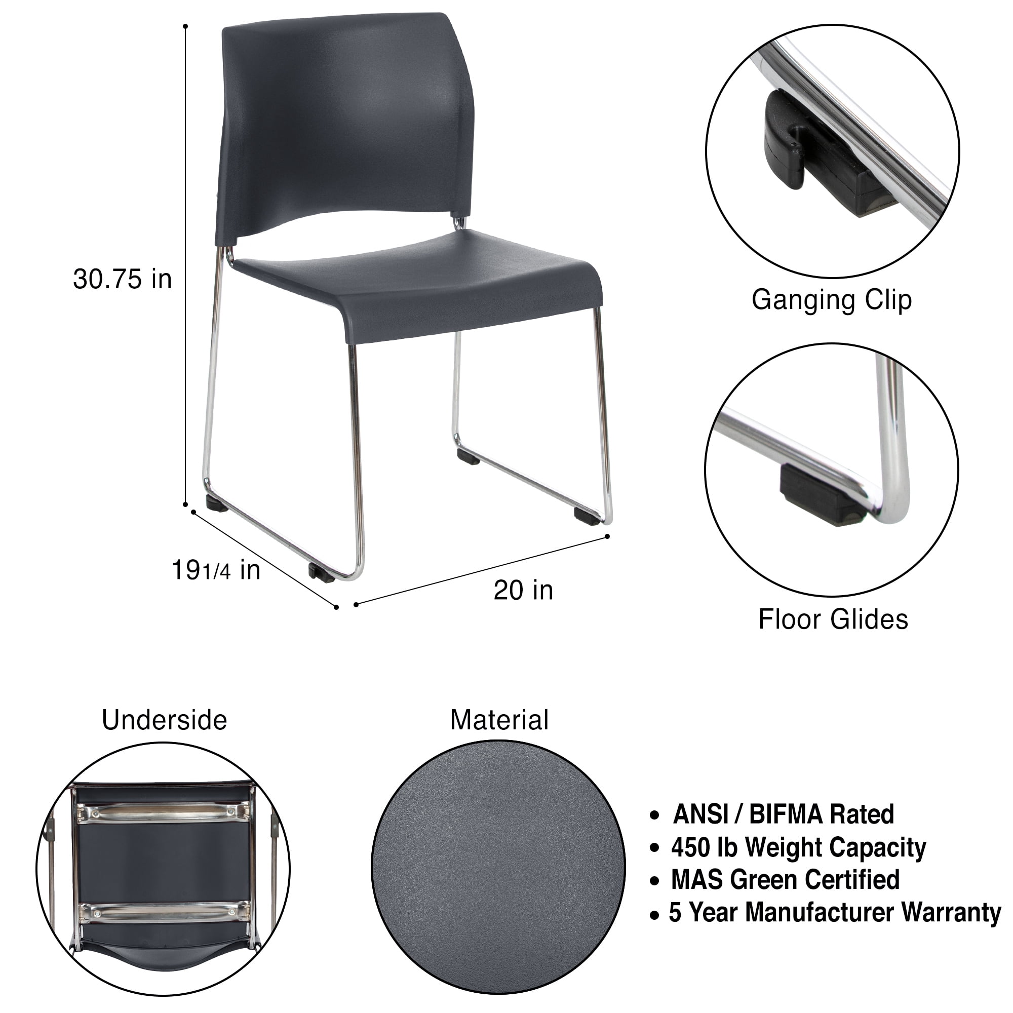 Hampden Furnishings Jody Collection Plastic Stack Chair, Charcoal, Pack of 4