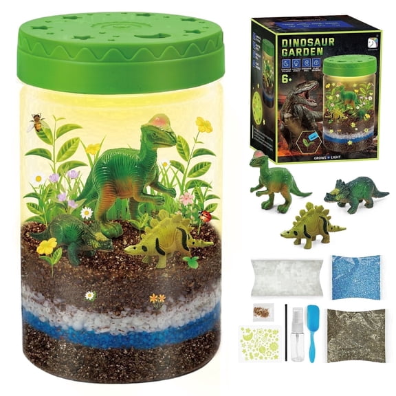 Beefunni Light-Up Dinosaur Terrarium Kit, DIY Mini Dinosaur Garden Craft Set with LED Light Jar, Seeds, Stickers, Spray Bottle and Accessories