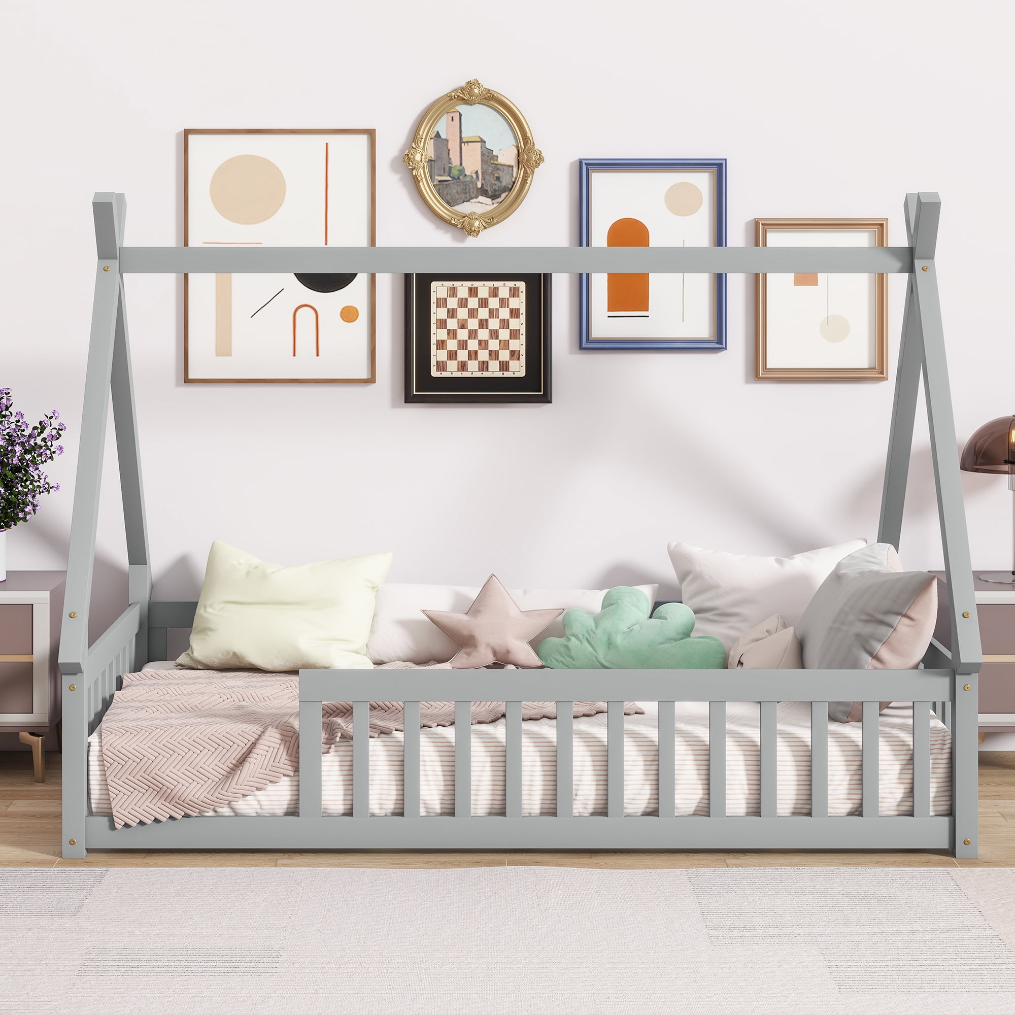 Mirightone Twin Size Floor Bed, Montessori Teepee Floor Bed with Rails, Wood Tent-Shaped Bed with Fence (Gray)
