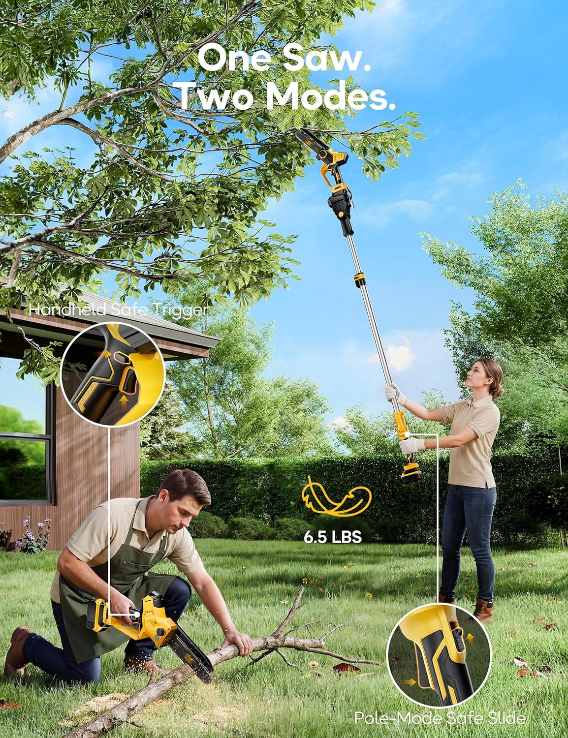 2-in-1 Cordless Pole Saw for DeWalt 20V Max Battery, Brushless 8” Mini Chainsaw for Tree Trimming, 16 ft Maximum Reach with Extension Pole (Tool Only)