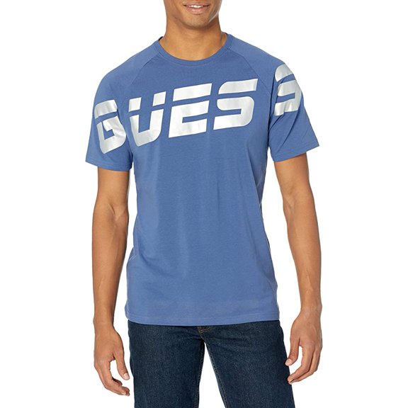 Guess Men’s Active Short Sleeve Eco Arden Logo Tee, Rebel Blue, Medium