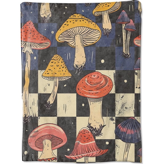 Vintage Mushroom Throw Blanket, Colorful Mushrooms Checkerboard Blankets for Bedroom Living Room Couch Decor, Fuzzy Cozy Soft Lightweight Throws, Birthday Gifts for Kids Boys Girls, 50x60 in