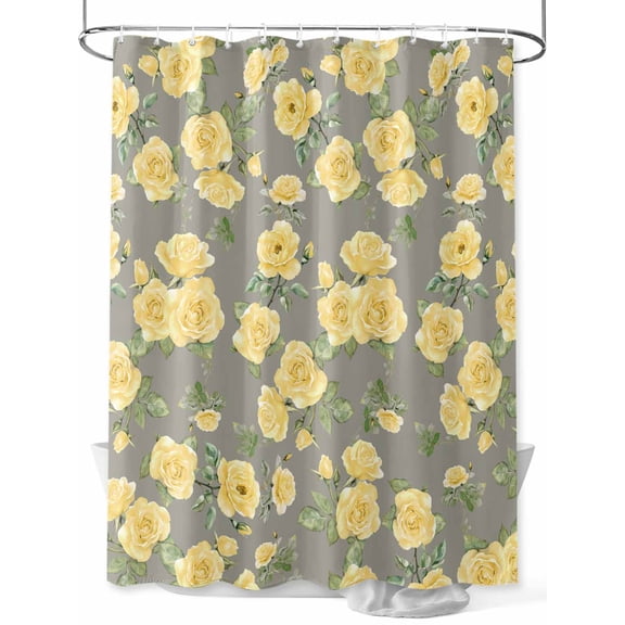 Shower Curtain Yellow Rose Bathroom Curtains with Hooks, Waterproof Fabric Flower Grey Bath Shower Curtains Set for Bathroom Bathtubs Decor 36x72 Inch