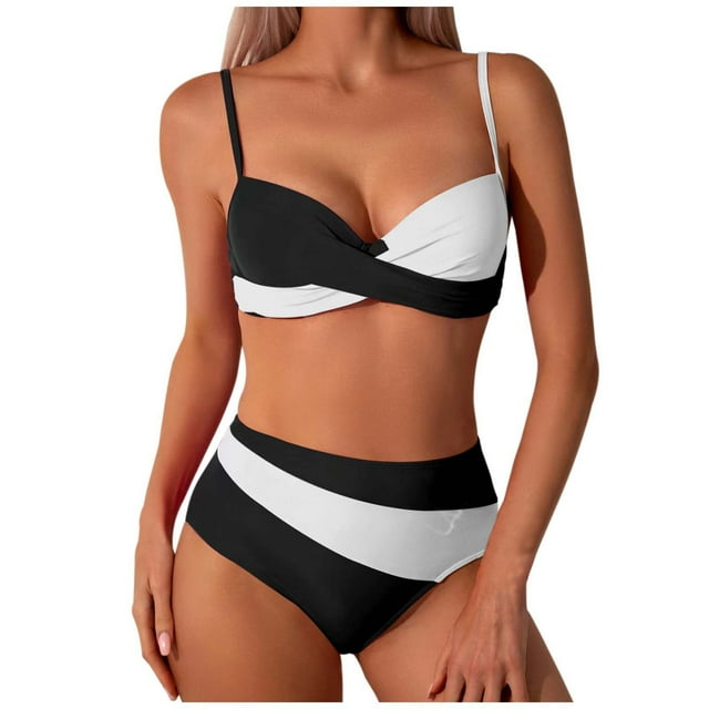 TSADFHJI Womens Swimsuits Tankini Top Ladies' Fashionable Padded Underwire Cup Bikini Set with Detachable Padding S Black