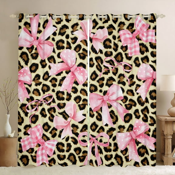 Manfei Watercolor Bowknot Teens Black Out Curtains, Fashion Leopard Cheetah Print Curtains Pack of 2 (42x63 Each), Buffalo Ribbon Bedroom Curtains, Curtains and Drapes Decor