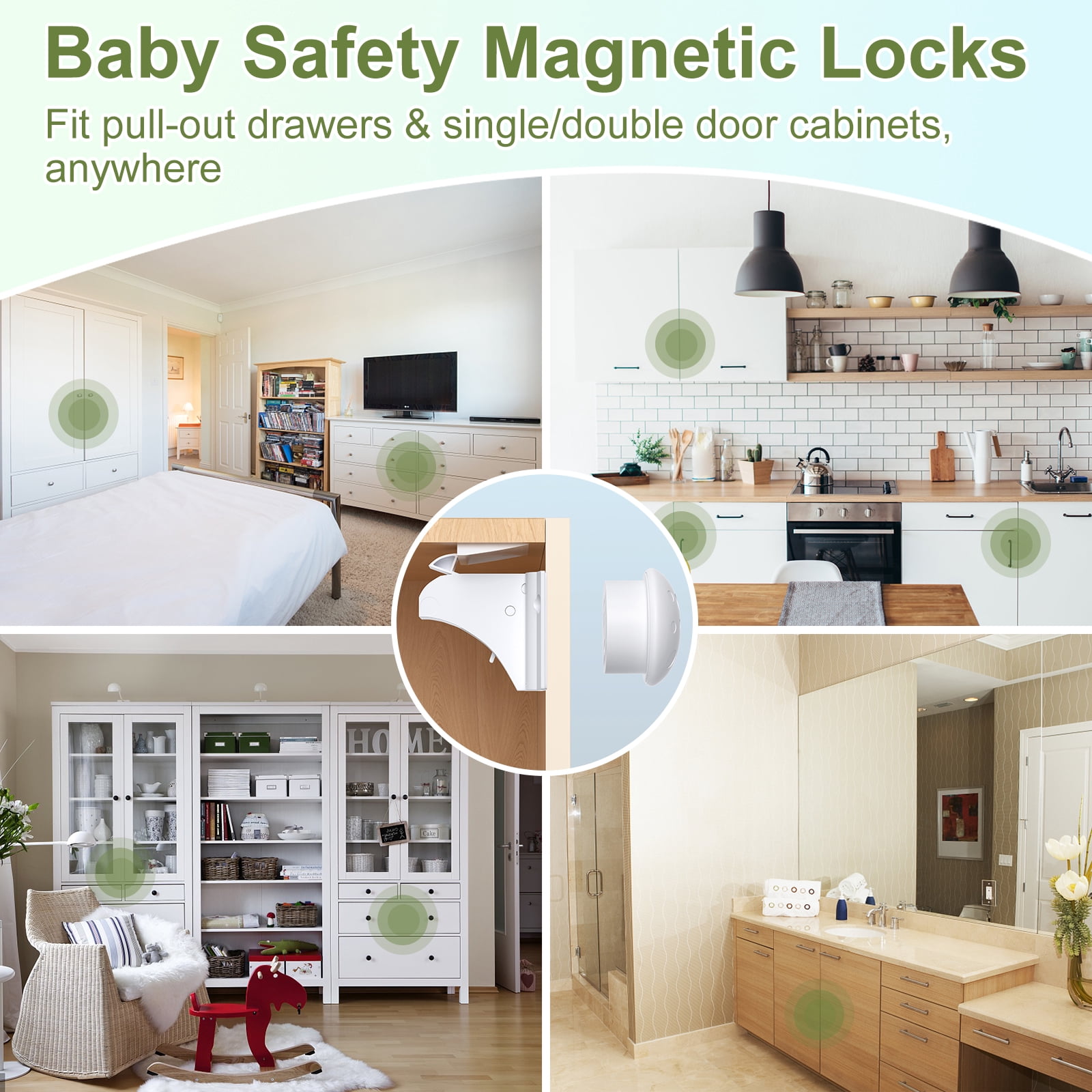 Child Safety Magnetic Cabinet Locks, AOSITE 12 Pack+3 Keys Baby Proofing Magnetic Drawer Locks for Kitchen with Adhesive No Drilling or Screws Fixed, 4 Baby Safety Cabinet Locks for Knobs