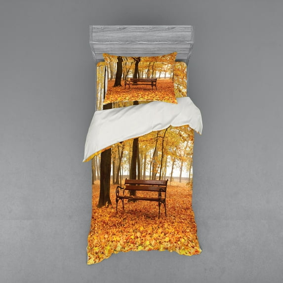 Ambesonne Fall Bedding Set 3 Pcs, Misty Autumn Park Rustic, Twin XL, Orange Brown