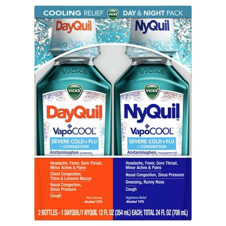 Vicks Dayquil & Nyquil Vapocool Liquid Cold & Flu Medicine, Over-the-Counter Medicine, 2x12 Oz