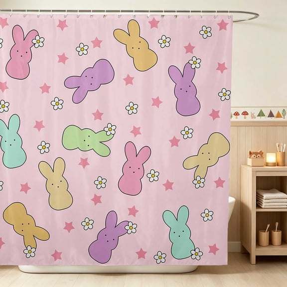 Erosebridal Bunny Shower Curtain 72Wx72L for Girls, Pink Daisies Waterproof Bathroom Curtain