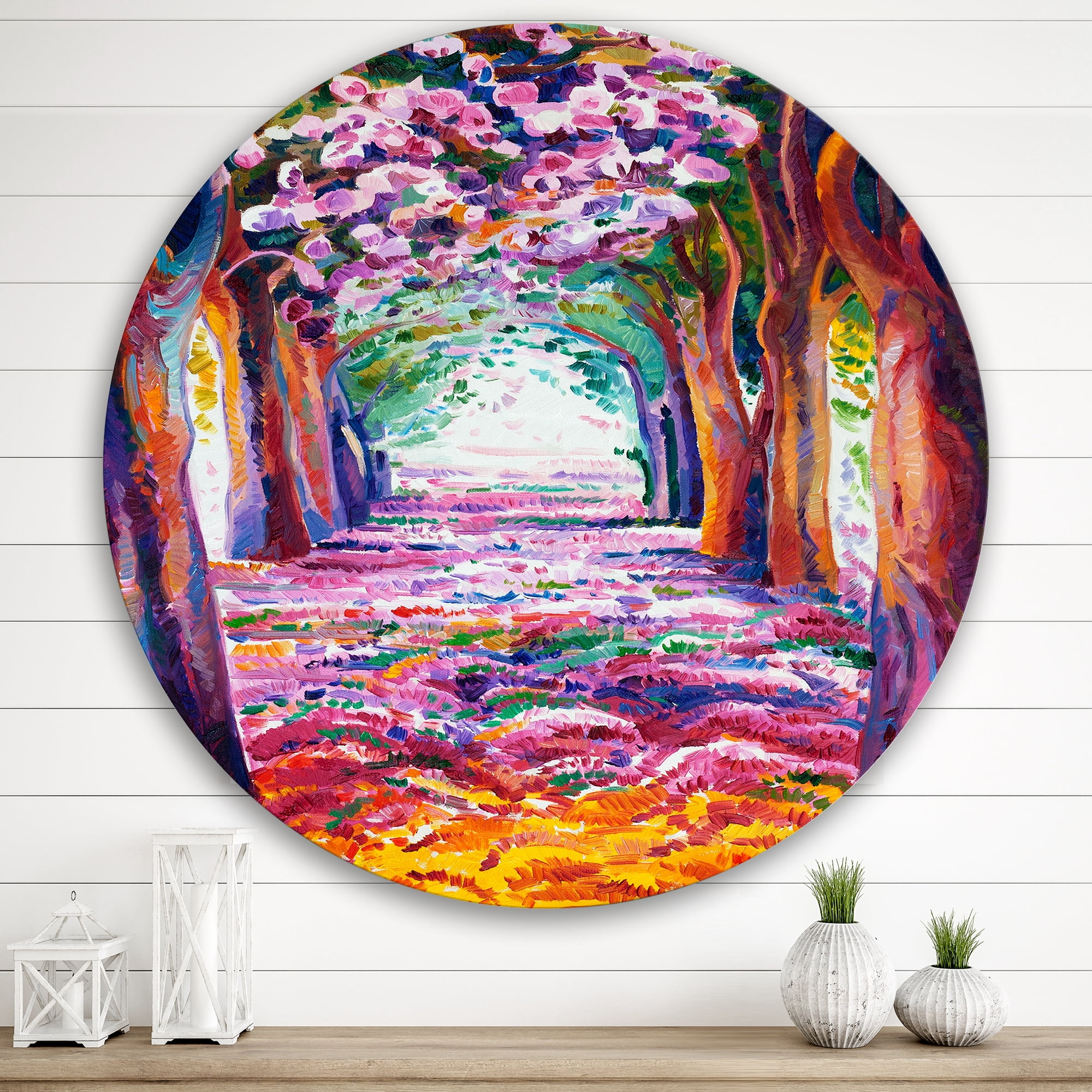 Designart 'Pink Flowering Colorful Spring Forest' Lake House Circle Metal Wall Art 29x29 - Disc of 29