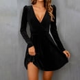 thumbnail image 5 of Byworldtasic Women's V Neck Velvet Midi Dress Long Sleeve Formal Cocktail Dress High Waist A-Line Flowy Dress for Wedding Guest, 5 of 7