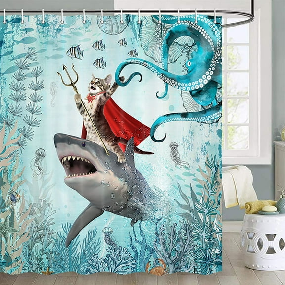 Funny Cat Shower Curtain, Cat Riding Shark Whale Cute Shower Curtain for Kids Bathroom, Blue Teal Ocean Underwater Tropical Fish Shower Curtain Hilarious Shower Curtain Set with 12 Hooks, 72X72Inch