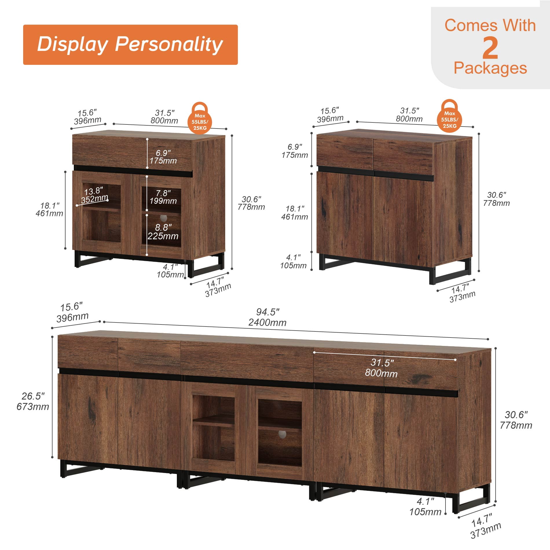 3 In 1 Modern Dresser with Glass Doors, Adjustable Shelves and Drawer, Metal Base Storage Cabinet, Multifunctional Chest Of Drawers for Bedroom Home Storage,Brown