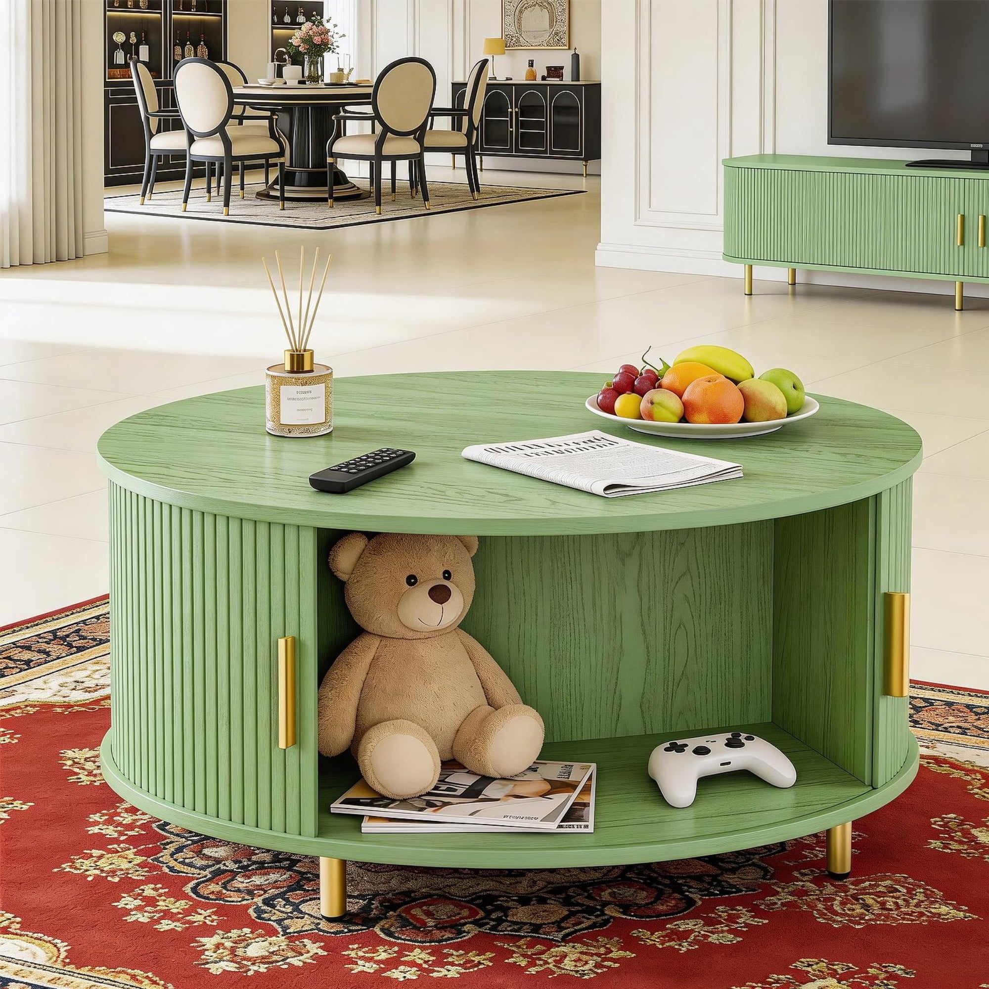 31.5" Round Coffee Table, Mid Century Modern Fluted Coffee Table with 360° Sliding Tambour Door & Storage, Green