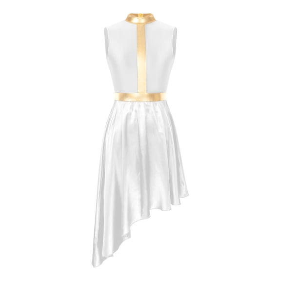 JanJean Women's Satin Lyrical Worship Praise Dance Dress Tunic Overlay Gold Cross Liturgical Dance White L