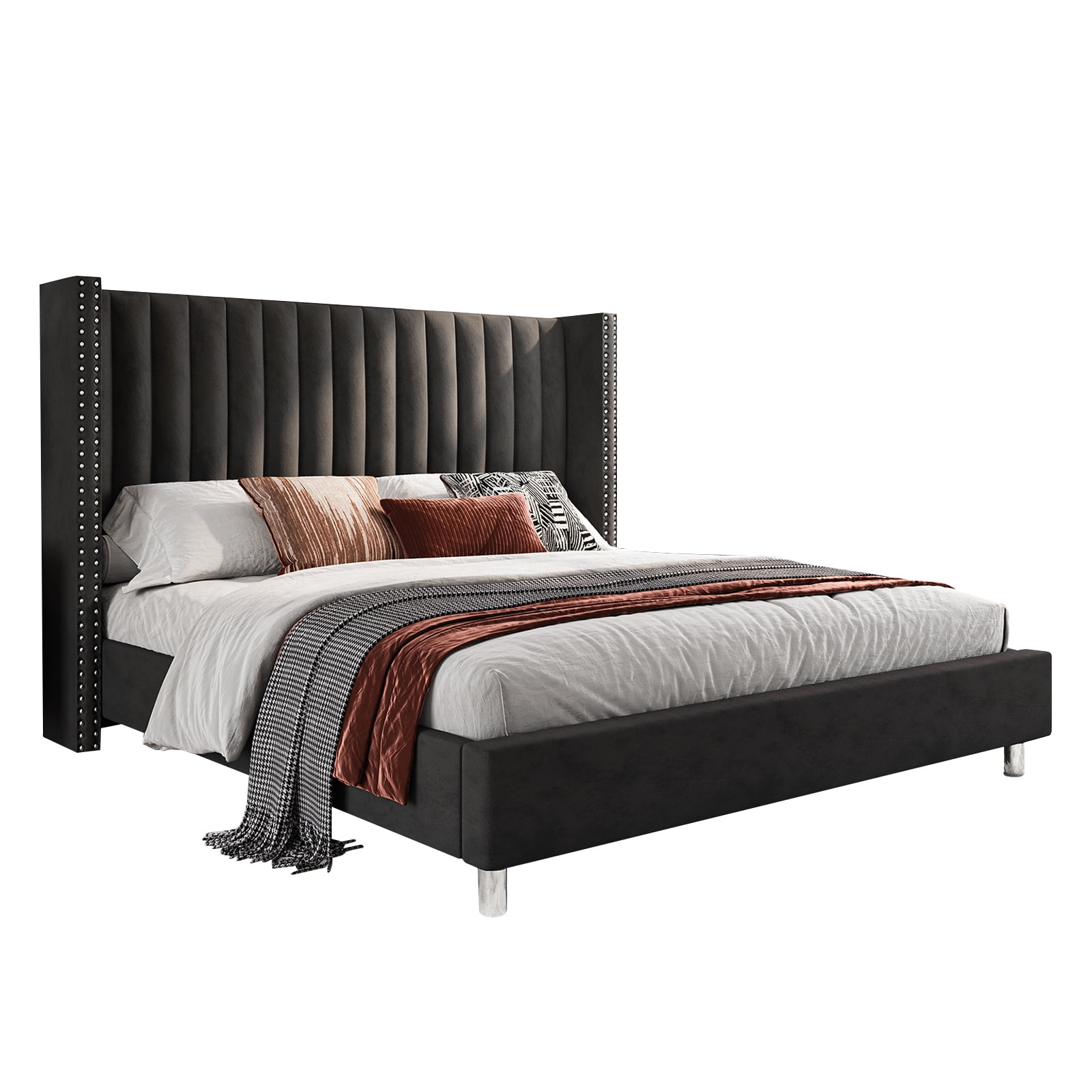 Merluxy Bed Frame King Size Upholstered Bed Wingback Headborad Velvet Channel Tufted/No Box Spring Needed/Black