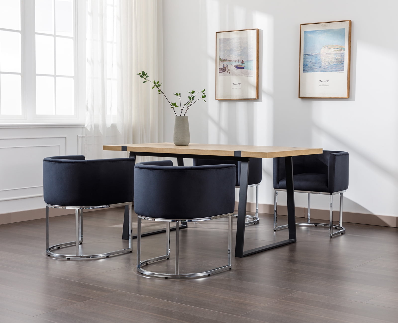 Guyou Modern Velvet Dining Chair, Mid-century Upholstered Barrel Kitchen Chairs Fabric Side Chair with Metal Legs and Curved Back for Living Room Dining Room Bedroom, Black