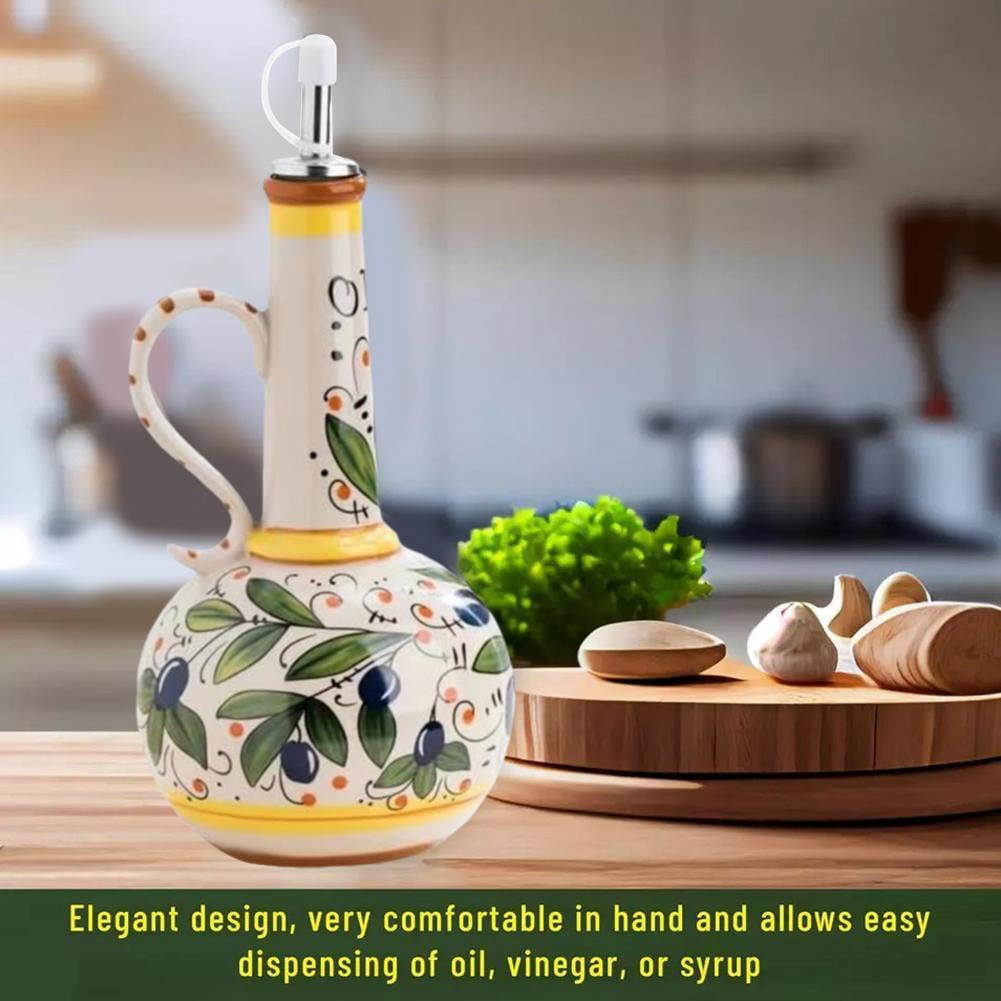 1-Pack Ceramic Olive Oil Dispenser Bottle, 23oz/680ml Hand Painted Italian Ceramic Bottle, Decorative Stoneware Dispenser with Spout for Oil, Vinegar, Coffee Syrup