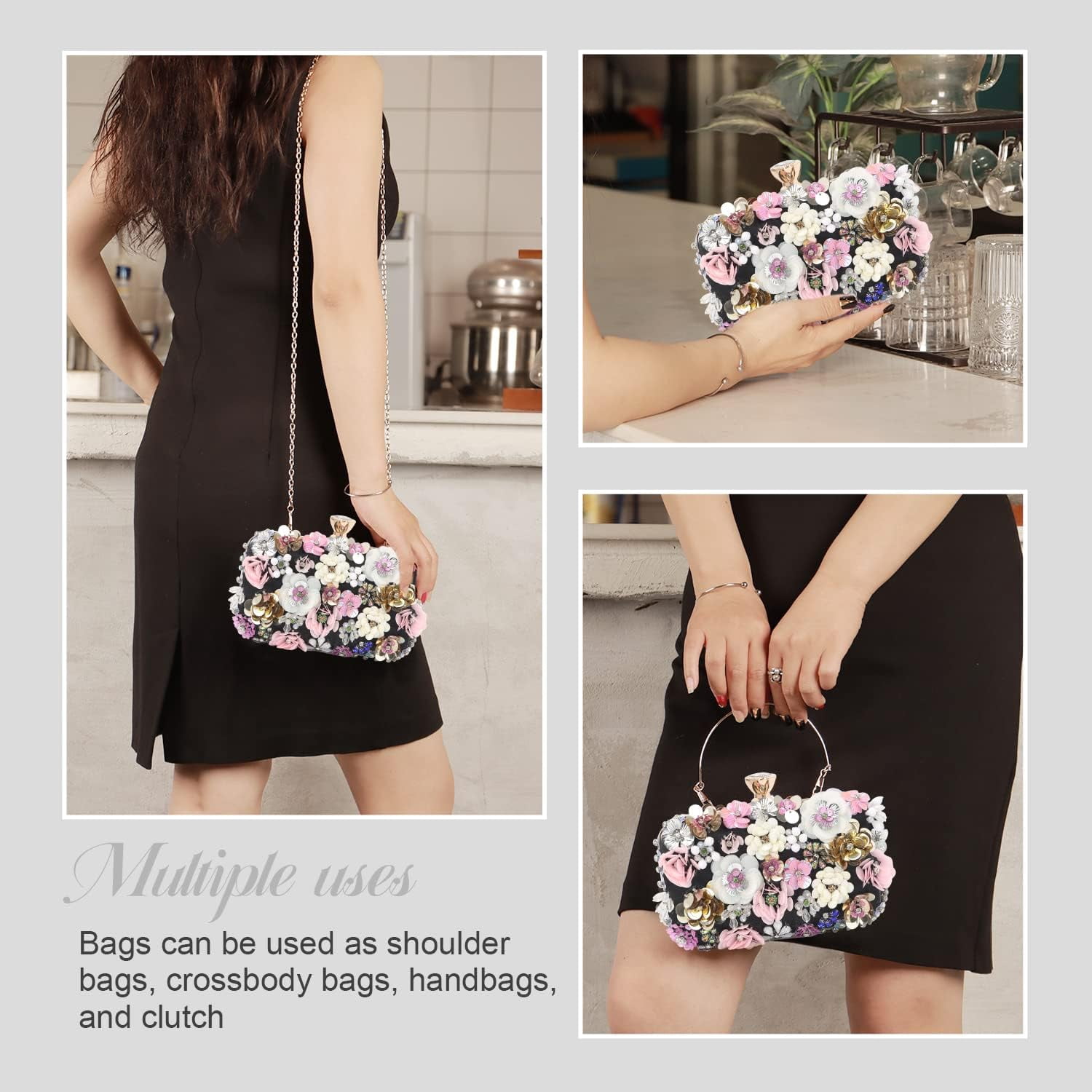 3D Flower Clutch Purses for Women Gold Formal Wedding Party Evening Bags Chain Floral Shoulder bag