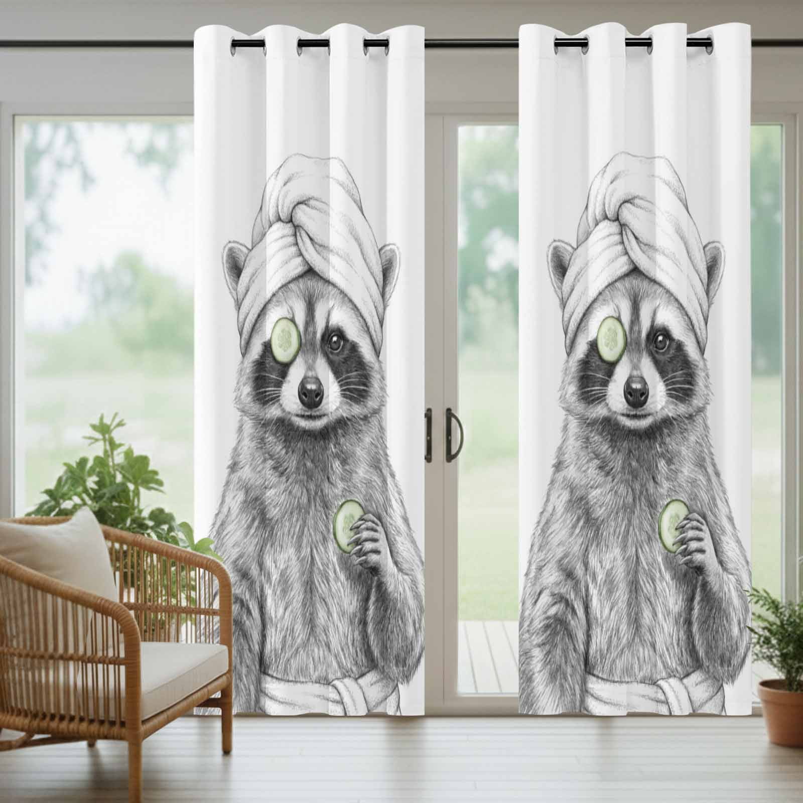 Grey Animals Outdoor Curtains for Patio, Funny Raccoon with Bath Wrap Cucumber Slice Gray Modern Sunshade Privacy Drapes Grommet Waterproof Outside Curtains for Porch/Cabana/Balcony 54"x108", 1 Panel