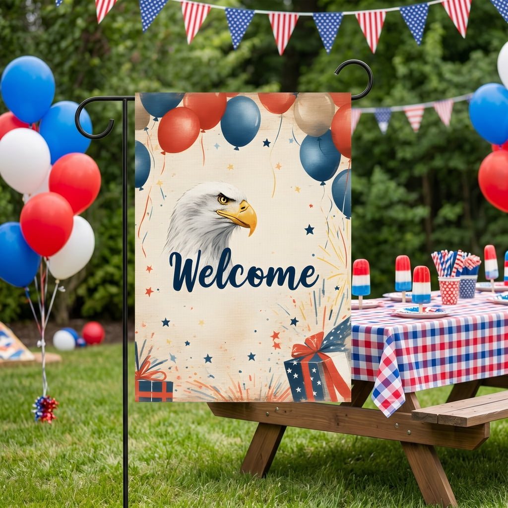americana garden flag a welcome sign with an eagle and balloons Welcome america decor Large 28x40 Inch Decor Size 4th of july decorations
