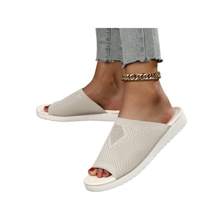 

Crocowalk Ladies Slides Beach Slide Sandal Knit Upper Flat Sandals Women s Casual Shoes Outdoor Comfort Slip On Apricot 9