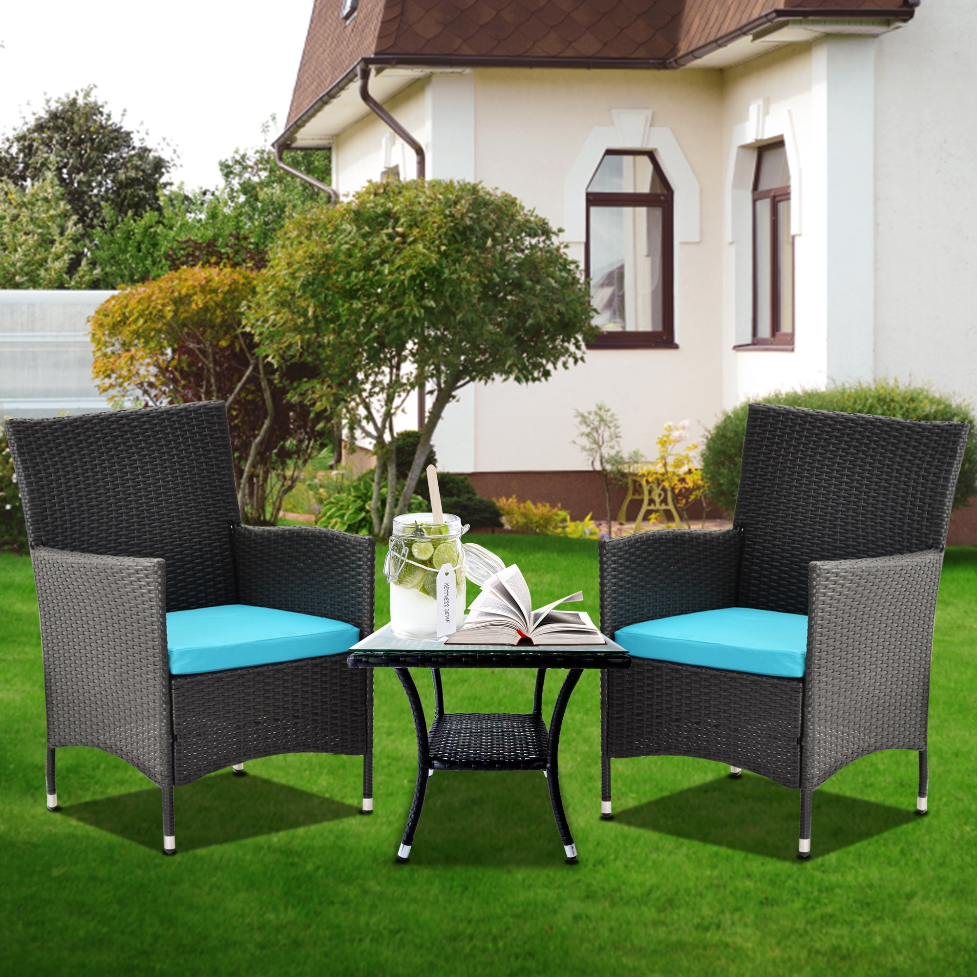 Details about   3 pcs Rattan Wicker Bistro Sofa Set Coffee Table Chair Patio Furniture Set 