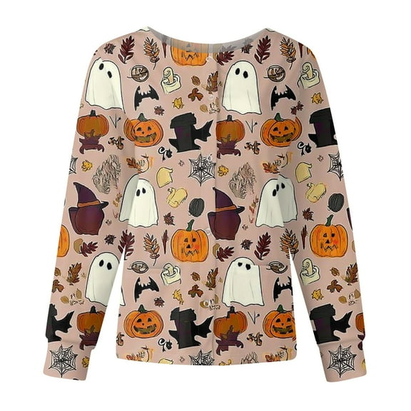 Halloween Scrub Jackets for Women Button Stretch Long Sleeve Cute Printed Scrub Tops Pocket Loose Tunic Fun Nurse Shirts