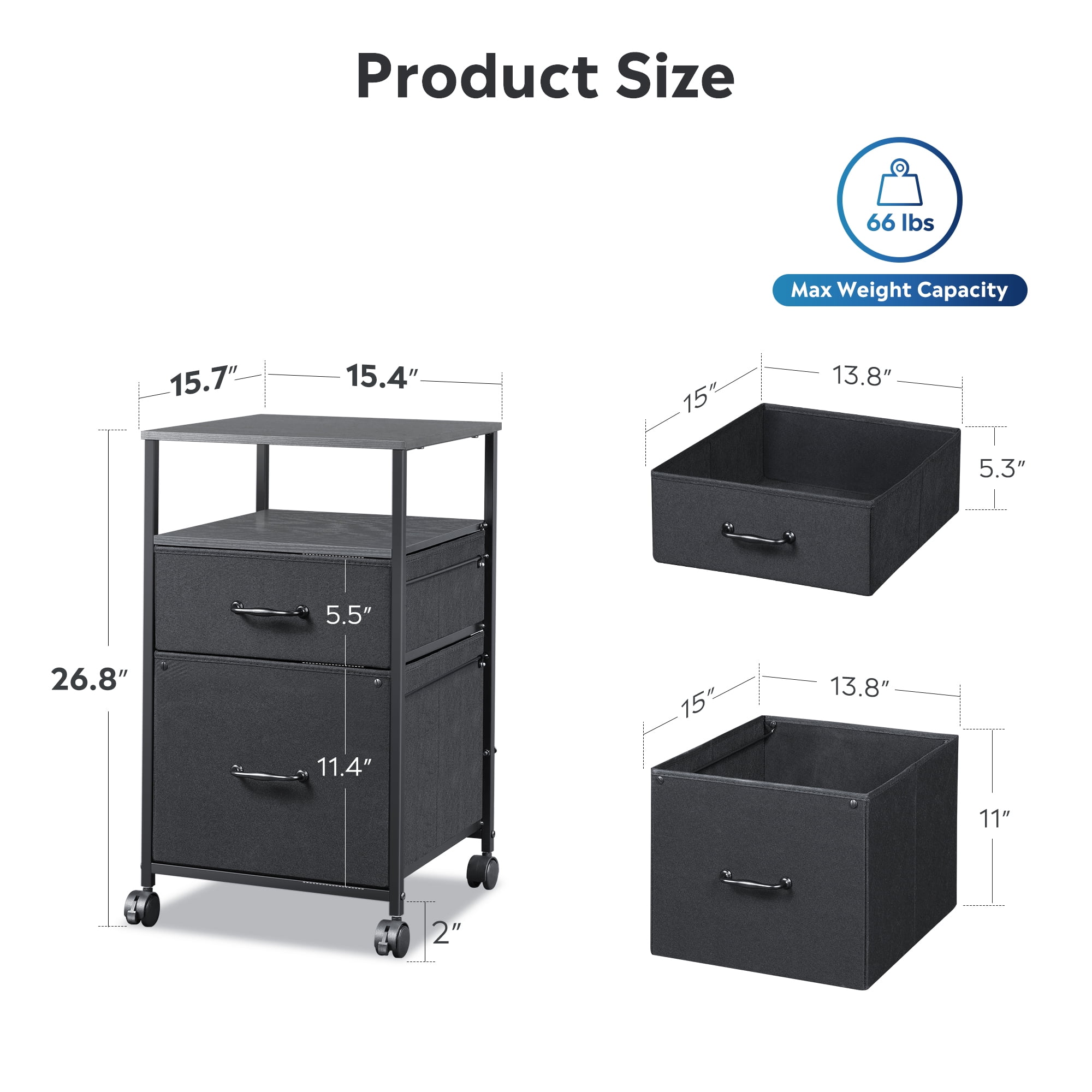 GALAXHERO 2 Drawer File Cabinets, Mobile Printer Stand with Storage Shelf for Home/Office/A4 /Letter, Black