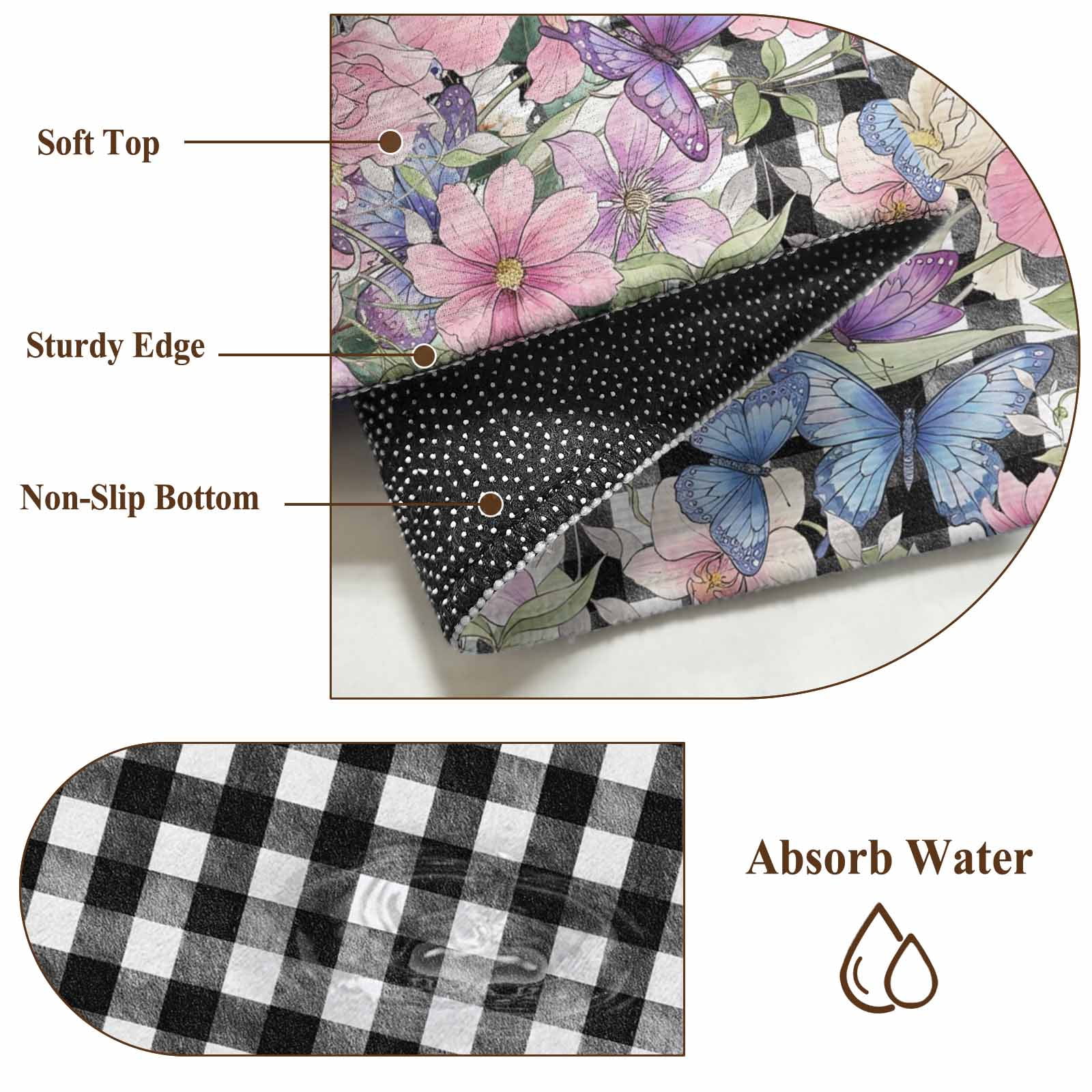 Spring Floral Round Area Rug 6Ft Washable Circle Rugs for Bathroom Office, Black White Checkered Farmhouse Butterfly Non-Slip Carpet Floor Mats Indoor Outdoor Carpet Runner Aesthetic Home Decor