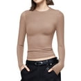 thumbnail image 3 of ZXSXSY Women's Sexy Slim Tops Trendy Pure Color Round Neck Long Sleeve Stretchy Basic Tee Shirts, 3 of 6