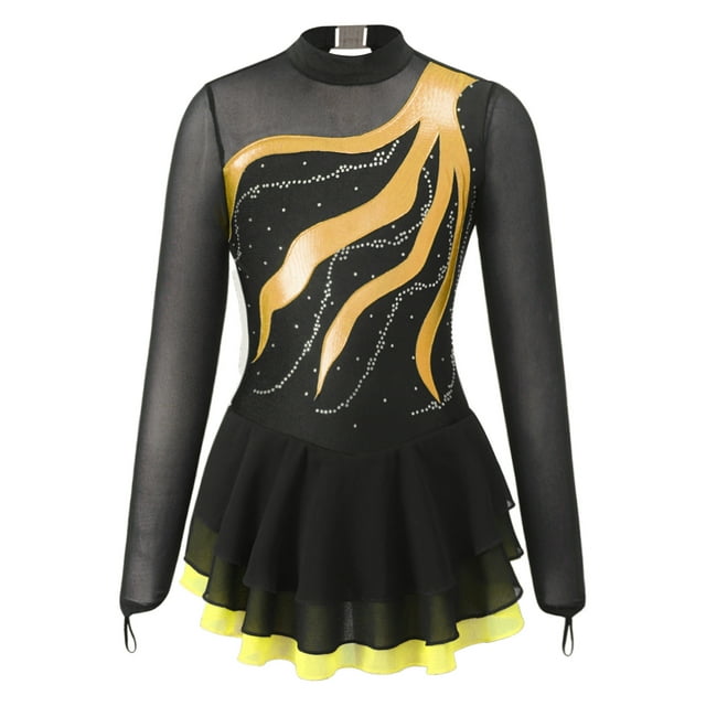 iixpin Robe de Patinage à Roulettes pour Filles avec Strass Manches Longues Col Montant Jupe Tutu de Ballet Jaune 8
