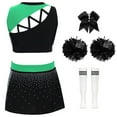 thumbnail image 2 of Alvivi Girls 5 Pieces  Cheer Leader Outfit Competition Fancy Dress Up Crop Top+Skirt+Headwear+Flower Balls+Socks A Green Black 8, 2 of 3