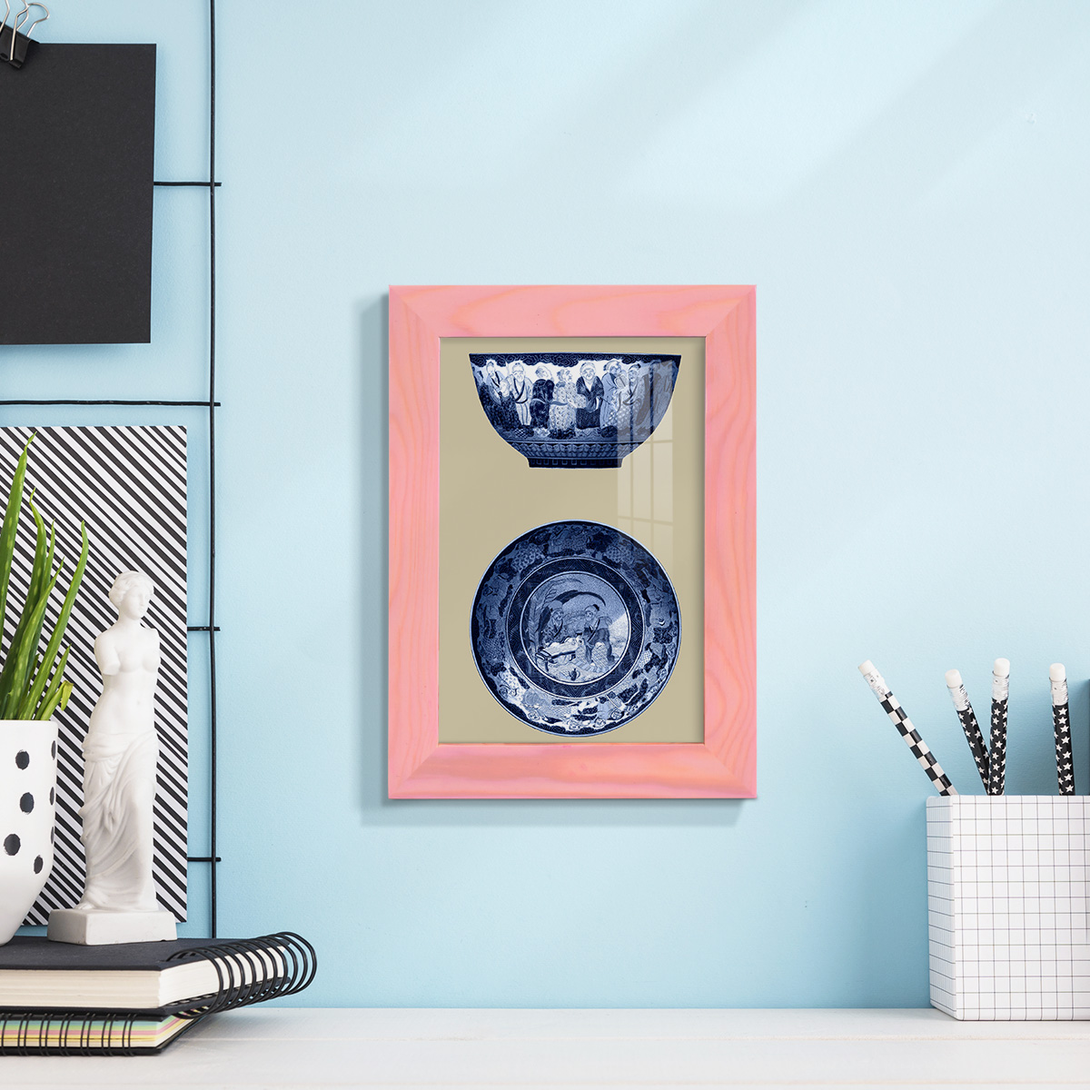 Porcelain in Blue and White II -Framed Print w/glass-Sunset Pink