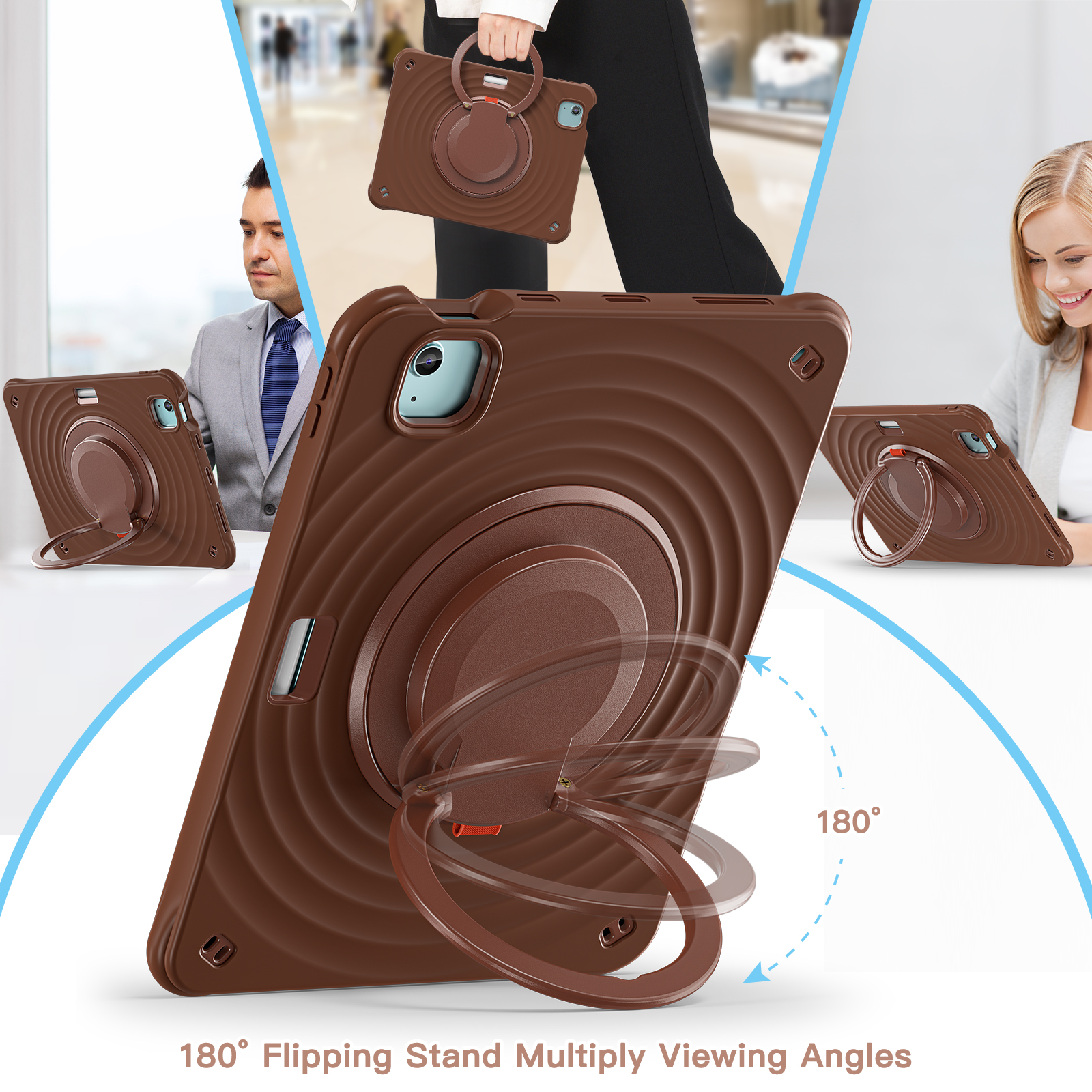 ELEHOLD Case for Apple iPad Air 11 (2024), Portable Hybrid Shockproof iPad Case with Pencil Holder & Hanging Ring Handle Rotatable Kickstand,Chocolate
