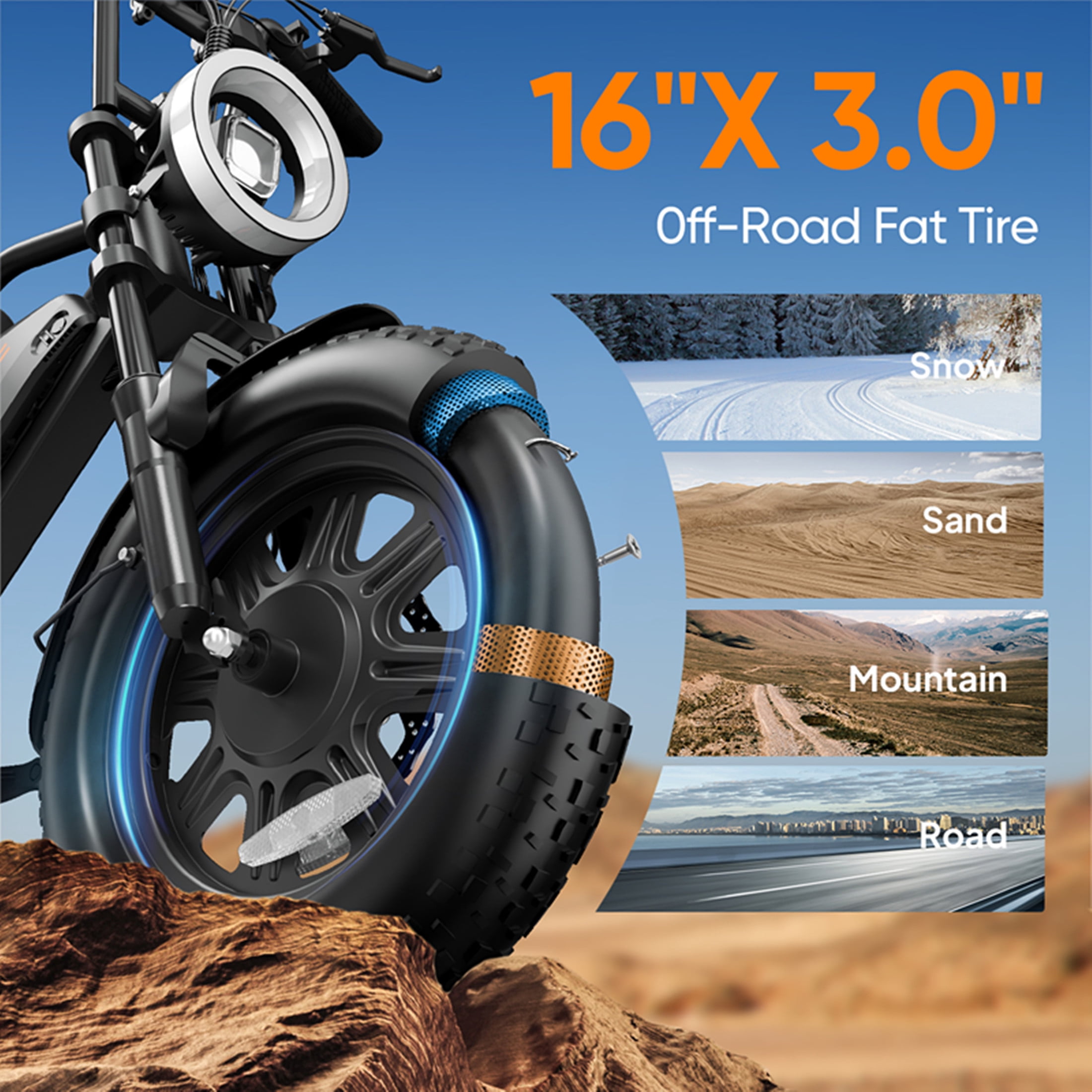 URLIFE 16"*3.0 Fat Tire Electric Bike for Adult, 1000W Peak Motor, 48V 13Hh Removable Battery, Up to 28MPH 80Miles Range, Electric Dirt/Mountain Bike-UL2849