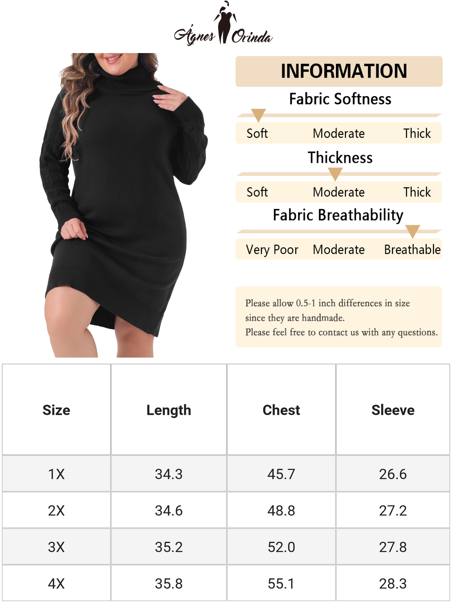 DARING DIVA Plus Size Long Sleeve Turtleneck Warm Pullover Mini Dress 4X Black