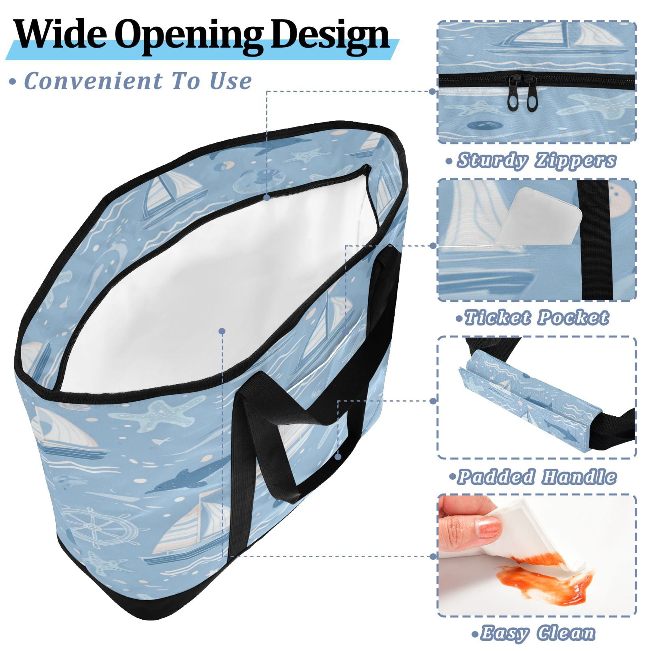 Extra-Large Wide Opening Design Capacity Hand-Held Ice Pack Thickened Insulation Layer For Long-Lasting Cold Retention For Outdoor Shopping Picnics And Camping Light Blue Marine Animal Design