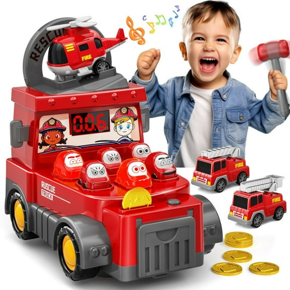 Funtogether Toys 2-in-1 Whack a Mole Game & Fire Truck Car Toy, Interactive Pounding Toy for Toddlers with Music & Lights, Educational Montessori Toy for Boys and Girls